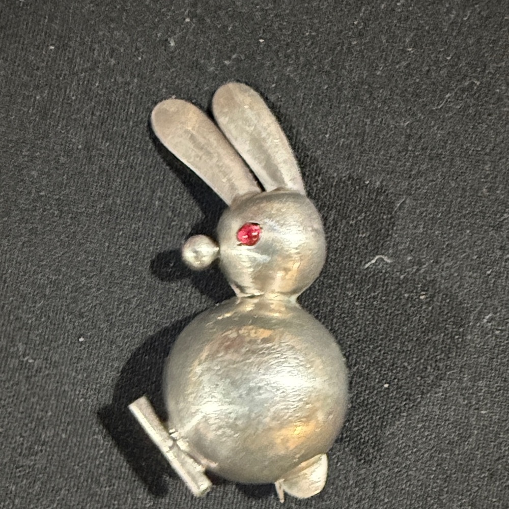 Vintage Silver Bunny Brooch with Red Gem Eye